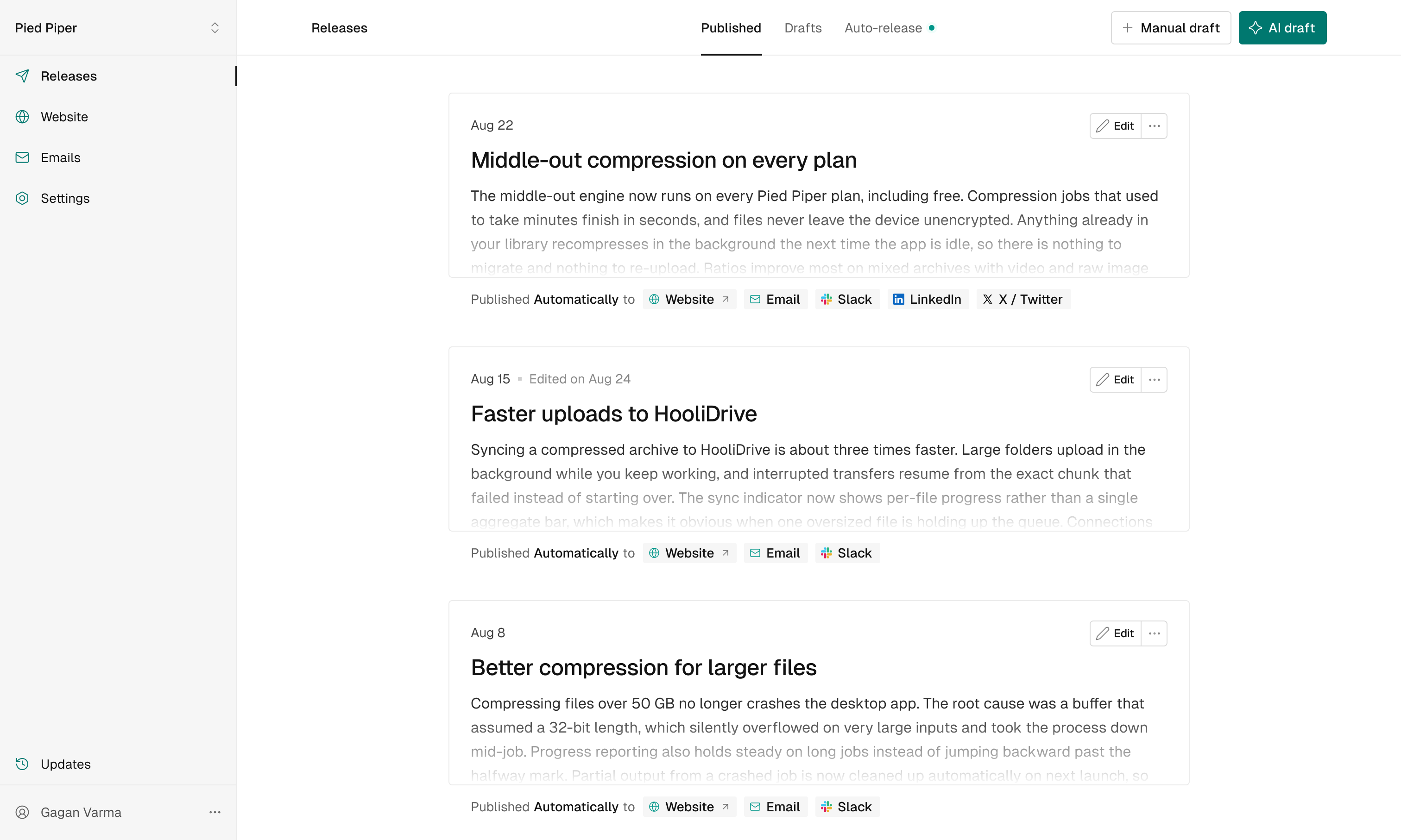 The ReleasesHQ app, showing a queue of published releases and the channels each one went out to.