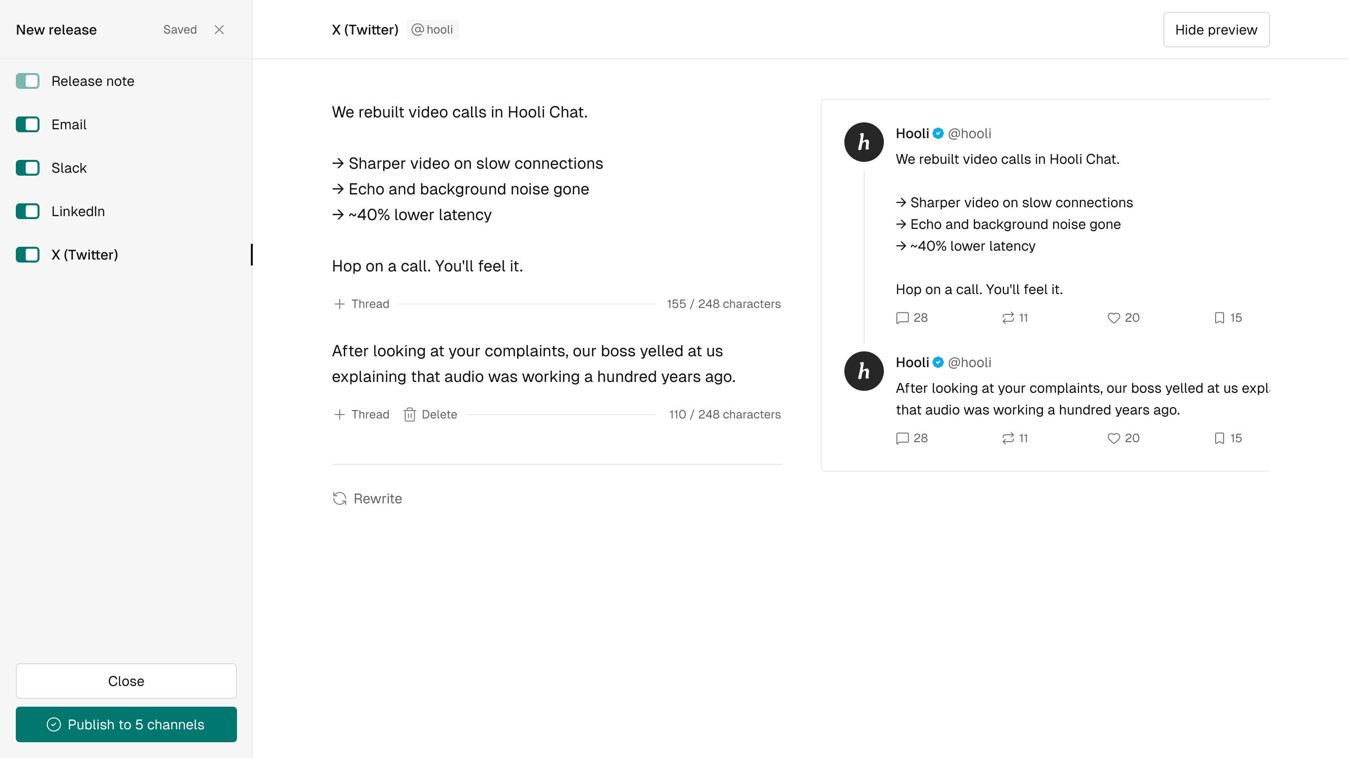ReleasesHQ editor — drafting a release note inline.