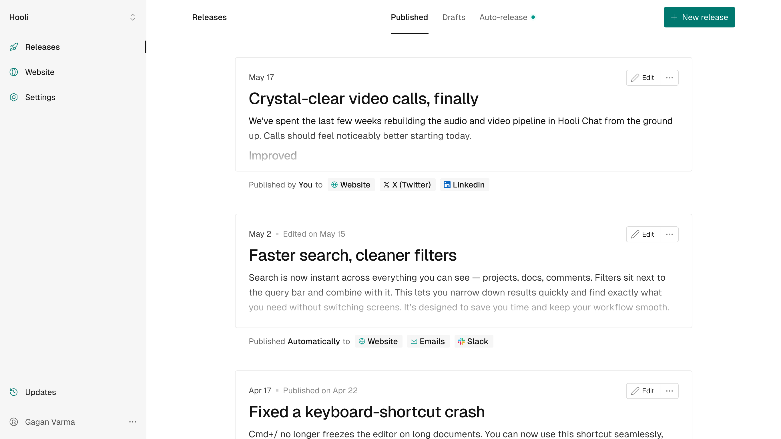ReleasesHQ releases queue — merged PRs ready to publish.